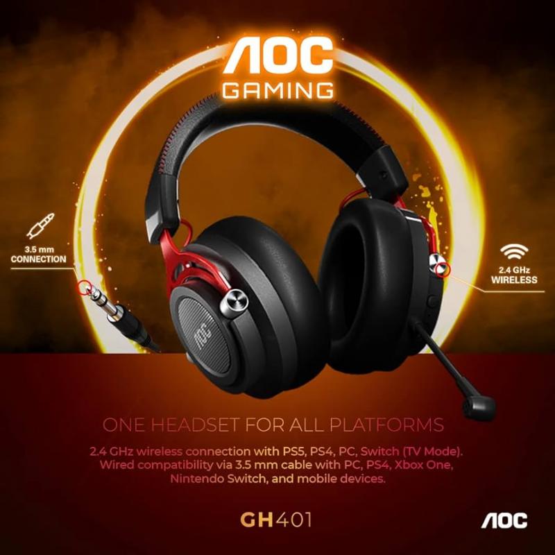 aoc gh wireless gaming headset with ghz usb connection for pc ps switch mm drivers noise canceling mic hours battery life aux mm connector for xbox and more vd computers